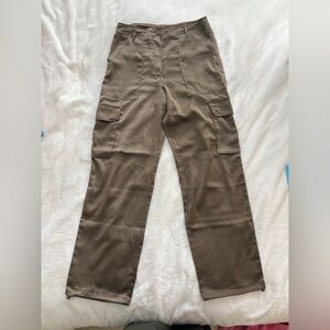 Olivaceous Satin Brown cargo pants with adjustable cinched ankle ties